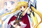  armpits bardiche bare_shoulders belt blonde_hair blush buckle cape endori fate_testarossa hair_ribbon long_hair lyrical_nanoha magical_girl mahou_shoujo_lyrical_nanoha mahou_shoujo_lyrical_nanoha_a's mahou_shoujo_lyrical_nanoha_the_movie_2nd_a's open_mouth red_eyes ribbon skirt smile solo sword thighhighs twintails very_long_hair weapon zoom_layer 