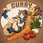  arle_nadja bare_legs blue_skirt brown_background brown_eyes brown_hair carbuncle_(puyopuyo) carrot creature curry eating food full_body garlic half_updo kokuzu leg_up lowres madou_monogatari mushroom onion oversized_food plate potato puyopuyo shoes short_hair skirt smile spoon tomato 