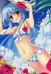  absurdres aoto_mikamo bikini blue_bikini blue_hair cloud day field flower flower_field hair_flower hair_ornament hat hibiscus highres long_hair matsushita_makako sky solo straw_hat strawberry_nauts swimsuit yellow_eyes 