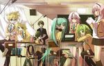  6+girls bag blonde_hair blue_eyes book brown_eyes brown_hair chair classroom computer desk glasses green_eyes green_hair gumi hair_ornament hair_ribbon hairclip hatsune_miku headphones headphones_around_neck hekicha highres hiyama_kiyoteru ia_(vocaloid) kaai_yuki kagamine_len kagamine_rin laptop long_hair looking_back megurine_luka microphone microphone_stand multiple_boys multiple_girls necktie open_mouth pink_hair ribbon sitting skirt smile socks thighhighs twintails very_long_hair vocaloid 