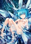  barefoot blue_eyes blue_hair bow breasts cirno covering covering_breasts hair_bow highres ice lying navel nude on_back re_lucy short_hair small_breasts smile solo touhou wings 