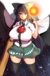  arm_cannon black_hair black_legwear breasts huge_breasts long_hair looking_at_viewer magister_(medical_whiskey) red_eyes reiuji_utsuho skirt smile solo space thighhighs thighs touhou very_long_hair weapon wings 