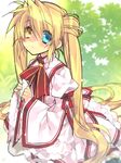  blonde_hair blue_eyes eyepatch eyepatch_removed heart heterochromia long_hair nakatsu_shizuru rewrite school_uniform sitting solo toujou_sakana twintails very_long_hair yellow_eyes 