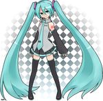  aare_(dashvast) absurdly_long_hair checkered checkered_background colorized detached_sleeves full_body green_eyes green_hair hatsune_miku highres long_hair looking_at_viewer necktie skirt smile solo thighhighs twintails very_long_hair vocaloid 