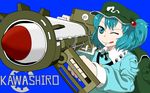  ;d backpack bad_id bad_pixiv_id bag blue_eyes blue_hair blush character_name fallout fallout_3 hair_bobbles hair_ornament hat kawashiro_nitori key missile one_eye_closed open_mouth rocket_launcher short_hair smile solo touhou two_side_up weapon 