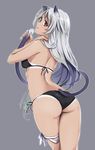  animal_ears ass back bikini cat_ears cat_tail gradient_eyes highres long_hair looking_back multicolored multicolored_eyes multicolored_hair original purple_hair red_eyes silver_hair simple_background solo swimsuit tail takeuchi_aya tan tanline two-tone_hair yellow_eyes 