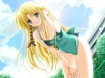  1girl blonde_hair blush braid buruma from_below game_cg green_eyes hair_ribbon kareha pointy_ears ribbon shuffle! side_braid swimsuit 