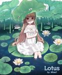  brown_hair collarbone dew_drop dress flower frills holding leaf_umbrella lily_pad long_hair lotus minari minigirl original parted_lips red_eyes shadow sitting soaking_feet solo water water_drop 