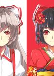  black_hair bow dual_persona flower fujiwara_no_mokou fujiwara_no_mokou_(young) hair_bow hair_flower hair_ornament japanese_clothes kimono long_hair multiple_girls red_eyes short_hair silver_hair smile suspenders three_k_(spiritus_no_honoo) touhou upper_body 