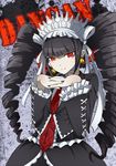  black_hair bonnet celestia_ludenberck copyright_name danganronpa danganronpa_1 drill_hair earrings ears fingernails gothic_lolita hands_clasped headdress jewelry lolita_fashion long_hair looking_at_viewer makumaxu necktie own_hands_together red_eyes smile solo twin_drills twintails 