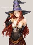  alternate_breast_size bad_id bad_pixiv_id bare_shoulders breasts brown_eyes brown_hair cleavage dragon's_crown grey_background hat highres long_hair medium_breasts simple_background solo sorceress_(dragon's_crown) witch_hat yun_(bonopati) 