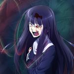  asagami_fujino blood blood_on_face bloody_clothes brown_eyes kara_no_kyoukai long_hair open_mouth purple_hair sakuraba_tsukasa school_uniform screaming solo tears 