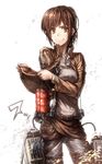  belt brown_eyes brown_hair cable contrapposto cowboy_shot drooling emblem food jacket lain long_sleeves looking_at_viewer meat paradis_military_uniform ponytail rope saliva sasha_braus shingeki_no_kyojin short_hair solo standing sweatdrop theft thigh_strap three-dimensional_maneuver_gear training_corps_(emblem) uniform white_background wire 
