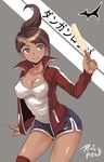  absurdres asahina_aoi blue_eyes breasts brown_hair covered_nipples danganronpa danganronpa_1 dark_skin food food_on_face hair_ornament hairclip highres ice_cream ice_cream_on_face jacket long_hair medium_breasts ponytail realmbw short_shorts shorts smile solo tank_top track_jacket 