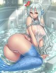  ass blue_hair blush breasts fins flower hair_flower hair_ornament head_fins hibiscus highres houtengeki large_breasts long_hair looking_at_viewer mermaid monster_girl navel open_mouth original sideboob silver_hair smile solo split_tail v_arms water wet yellow_eyes 