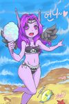  bare_shoulders barefoot beach bikini black_wings blush breasts circlet cotton_candy day feathered_wings fish food highres korean league_of_legends long_hair morgana ocean open_mouth purple_eyes purple_hair purple_skin running side-tie_bikini small_breasts solo strapless swimsuit trombe waves wings 