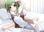  1girl bed game_cg green_hair pillow purple_eyes shigure_asa short_hair shuffle! underwear 
