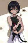  black_cat black_hair bullet_hole carrying cat copyright_request dress expressionless green_eyes highres short_hair solo sundress takeuchi_aya 