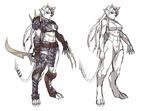  :&lt; abs animal_ears armor asymmetrical_clothes blue_eyes braid breasts claw_(weapon) claws exaxuxer eyepatch fingerless_gloves furry genderswap gloves greaves highres knee_pads league_of_legends long_hair medium_breasts no_nipples nude pauldrons personification rengar reverse_grip ribbon sketch solo spikes sword tail tail_ribbon underboob weapon white_hair 