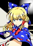  :q alternate_color alternate_hair_color america american_miko blonde_hair blue_eyes blue_sleeves bow boxing_ring commentary_request detached_sleeves hair_bow hakurei_reimu kamiya_ueshi long_hair looking_at_viewer smile solo tongue tongue_out touhou 
