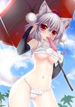  :p absurdres animal_ears blush breasts bridal_gauntlets food fundoshi hat highres inubashiri_momiji japanese_clothes looking_at_viewer medium_breasts navel popsicle red_eyes short_hair solo sunlight tail tokin_hat tongue tongue_out touhou umbrella underboob white_hair wolf_ears wolf_tail wolflong 