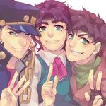  black_hair blue_hair brown_hair family green_eyes hat jojo_no_kimyou_na_bouken jonathan_joestar joseph_joestar_(young) kuujou_joutarou lowres male_focus multiple_boys tenya_mizuki v 