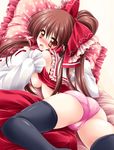  ass black_legwear blush bow breasts brown_eyes brown_hair detached_sleeves hair_bow hair_tubes hakurei_reimu highres kamiya_tomoe long_hair looking_back lying medium_breasts on_stomach open_mouth panties pillow pink_panties ponytail skirt skirt_removed solo thighhighs touhou underwear 