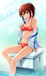  bikini bird blush breasts free! iwatobi-chan jacket long_hair matsuoka_gou medium_breasts navel open_clothes open_jacket red_bikini red_eyes red_hair shian_(my_lonly_life.) sitting solo starting_block swimsuit track_jacket wet 