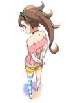  arms_behind_back bare_shoulders barefoot bracelet brown_hair butterfly_hair_ornament choker chousoku_henkei_gyrozetter from_above from_behind hair_ornament inaba_rinne jewelry kouda_tomohiro legs looking_back ponytail shorts single_thighhigh solo striped striped_legwear thighhighs v_arms yellow_eyes 