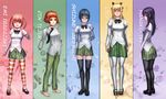  amputee barefoot black_hair black_legwear blind blonde_hair blue_eyes blue_hair bow column_lineup double_amputee glasses green_eyes hakamichi_shizune ibarazaki_emi ikezawa_hanako katawa_shoujo long_hair mary_janes multiple_girls necktie no_arms one_eye_closed pants pantyhose pink_hair pleated_skirt purple_eyes red_hair satou_lilly school_uniform shirt shoes short_hair short_twintails skirt striped striped_legwear tezuka_rin thighhighs twintails white_legwear yukira0 