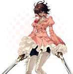  boots breasts brown_hair buckle cleavage coat_dress dark_skin dress dual_wielding flower grandyoukan green_eyes holding md5_mismatch medium_breasts mewll original shadow short_hair solo sword thigh_boots thighhighs weapon 