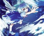  ahoge blue_dress blue_eyes blue_hair bow cirno dress hair_bow ice ice_wings looking_at_viewer nakatani_nio open_mouth outstretched_arm puffy_sleeves shirt short_sleeves smile solo touhou wings 