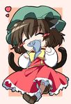  animal_ears blush_stickers brown_hair cat_ears cat_tail chen chibi closed_eyes fish hat multiple_tails oka_(bananashoe) short_hair solo tail touhou 