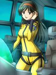  1girl :d belt black_hair bodysuit brown_eyes fujii_satoshi hairband long_hair looking_at_viewer open_mouth saijou_miki skin_tight smile solo standing uchuu_senkan_yamato uchuu_senkan_yamato_2199 uniform 