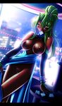  1girl battle_arena_toshinden blush breasts condom dark_skin dress earrings green_hair highres jewelry lighting looking_at_viewer melficexd naughty_face nipples pixiv_manga_sample ponytail pussy resized sofia uncensored yellow_eyes 