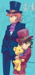  ascot black_hair blonde_hair blue_eyes child dio_brando formal hat jojo_no_kimyou_na_bouken jonathan_joestar multiple_boys older stuffed_animal stuffed_toy suit teddy_bear tenya_mizuki time_paradox top_hat younger 