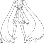  absurdly_long_hair detached_sleeves fukumitsu_(kirarirorustar) full_body greyscale hatsune_miku highres lineart long_hair looking_at_viewer monochrome necktie skirt smile solo thighhighs twintails very_long_hair vocaloid 