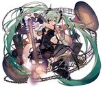  boots bra chain cymbals drum drum_set electric_guitar fingerless_gloves gloves green_hair guitar hatsune_miku instrument long_hair nail_polish revision see-through skirt solo speaker spikes tsukioka_tsukiho twintails underwear very_long_hair vocaloid 