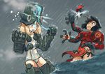  absurdres acid black_hair blonde_hair blood cherno_alpha crimson_typhoon defeat dissolving_clothes erica_(naze1940) extra_arms flat_chest helmet highres mecha_musume mechanical_arms multiple_girls ocean one-piece_swimsuit pacific_rim panties rain short_hair side-tie_panties spoilers swimsuit tears underwear white_swimsuit 