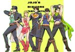  black_hair blonde_hair blue_hair brown_hair cosplay costume_switch fingerless_gloves gakuran giorno_giovanna gloves hat higashikata_jousuke higashikata_jousuke_(cosplay) hydroball jojo_no_kimyou_na_bouken jojo_pose jonathan_joestar jonathan_joestar_(cosplay) joseph_joestar_(young) joseph_joestar_(young)_(cosplay) kuujou_jolyne kuujou_jolyne_(cosplay) kuujou_joutarou kuujou_joutarou_(cosplay) long_coat midriff multiple_boys pompadour pose scarf school_uniform 