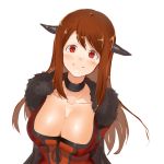  10s 1girl arms_behind_back blush breasts brown_hair cleavage collar eyebrows_visible_through_hair horns jyon large_breasts long_hair looking_at_viewer maou_(maoyuu) maoyuu_maou_yuusha red_eyes simple_background smile solo upper_body white_background 