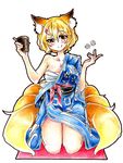  animal_ears blonde_hair blush breasts cleavage collarbone colored_pencil_(medium) cup dice eyelashes fox_ears fox_tail gokuu_(acoloredpencil) hadanugi_dousa hair_ornament hairclip head_tilt highres japanese_clothes kimono large_breasts looking_at_viewer mat multiple_tails no_hat no_headwear obi off_shoulder sarashi sash seiza short_hair simple_background sitting smile solo tail touhou traditional_media white_background yakumo_ran yellow_eyes 