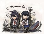  &gt;_&lt; abe_kanari akatsuki_(kantai_collection) black_hair black_legwear blush chibi closed_eyes crying hat kantai_collection long_hair multiple_girls open_mouth pantyhose school_uniform serafuku skirt tears ushio_(kantai_collection) 