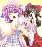  anger_vein blush bow breast_envy breast_grab breasts brown_hair crescent detached_sleeves grabbing hair_bow hair_tubes hakurei_reimu hat highres koppamu large_breasts long_hair multiple_girls nipples open_mouth patchouli_knowledge purple_eyes purple_hair shaded_face tears touhou wince 