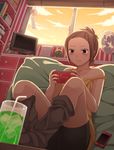 bike_shorts blouse brown_hair calendar_(object) cellphone cup desk drink drinking_straw electric_fan hair_ornament hairclip handheld_game_console ice ice_cube itou_(mogura) melon_soda monitor original phone pillow playstation_portable short_hair solo speaker strap_slip sunset window 