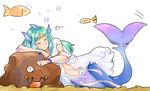  ? aqua_hair armlet bracelet character_request circlet crab drawfag fins fish head_fins jewelry long_hair mamono_musume_no_yakata_suiseikan_igyouroku_~ningyo_no_sho~ melfia_azuverude mermaid monster_girl navel ring sleeping zzz 