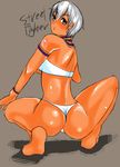  1girl ass breasts capcom copyright_name dark_skin elena looking_back shadow simple_background squatting street_fighter street_fighter_iii white_hair 