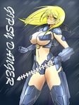  arm_blade blonde_hair blue_eyes breasts character_name gauntlets gipsy_danger highres large_breasts long_hair mecha_musume navel pacific_rim pasties personification rain replikia shooting_glasses solo underboob weapon wet 