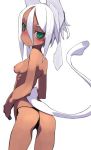  1girl ass blush breasts dark_skin female from_behind green_eyes kimura_akiyoshi looking_back nipples original simple_background small_breasts solo tentacle topless white_background white_hair 