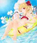  ahoge alternate_costume bikini blush fang feet fish flandre_scarlet food hair_ribbon innertube long_hair looking_at_viewer marker_(medium) ocean pastel_(medium) popsicle red_bikini red_eyes ribbon shikishi side_ponytail solo swimsuit touhou traditional_media water wings yukitsuki_kokoro 